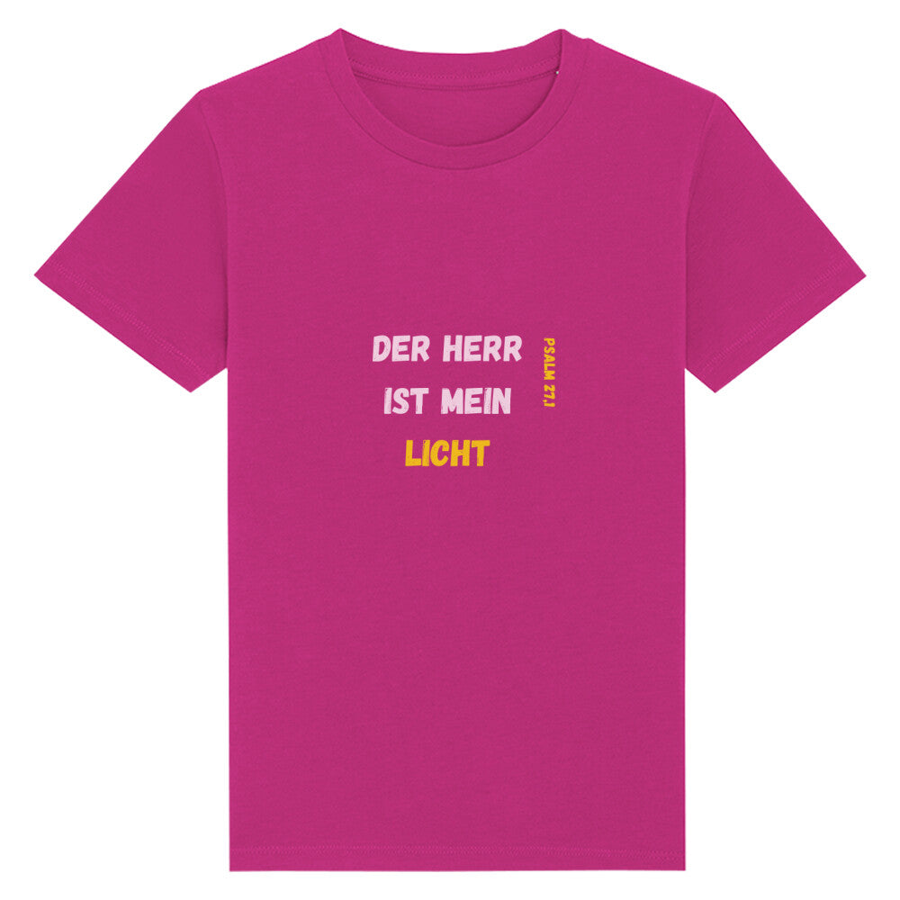 christliches T-Shirt für Kinder mit einem Unisex-Schnitt in lila aus 100 % Bio-Baumwolle Vorderseite "Der Herr ist mein Licht" Psalm 27,1  Erhältlich in den Größen 98/104 bis 152/164