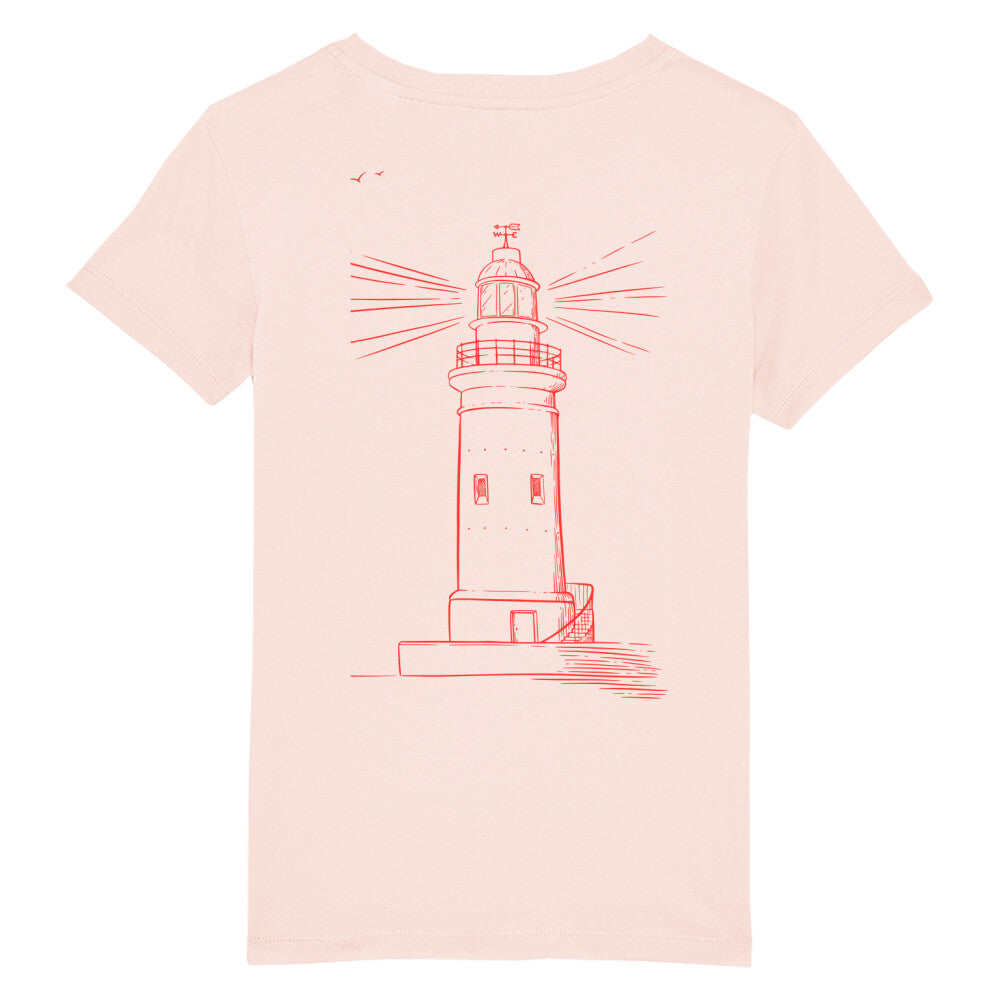 christliches T-Shirt für Kinder mit einem Unisex-Schnitt in pink aus 100 % Bio-Baumwolle Rückseite roter Leuchtturm Erhältlich in den Größen 98/104 bis 152/164