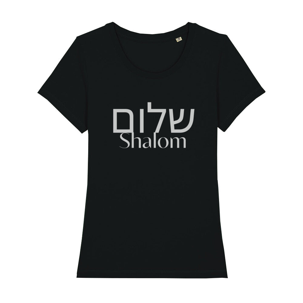 christliches T-Shirt mit einem Frauen-Schnitt in schwarz aus 100 % Bio-Baumwolle auf der Vorderseite mittig auf der Brust "Shalom" und darüber Shalom in hebräisch. Erhältlich in den Größen XS bis XXL