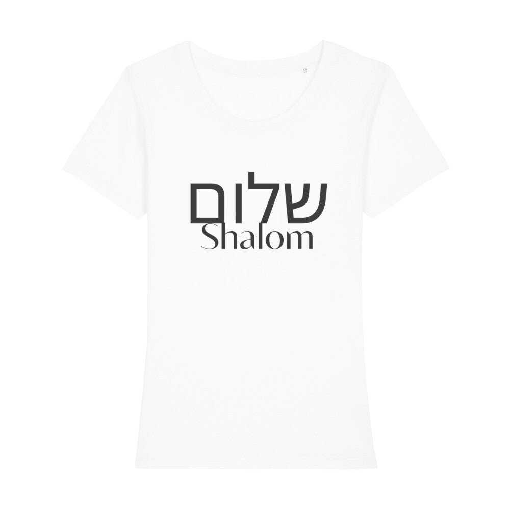 christliches T-Shirt mit einem Frauen-Schnitt in weiß aus 100 % Bio-Baumwolle auf der Vorderseite mittig auf der Brust "Shalom" und darüber Shalom in hebräisch. Erhältlich in den Größen XS bis XXL