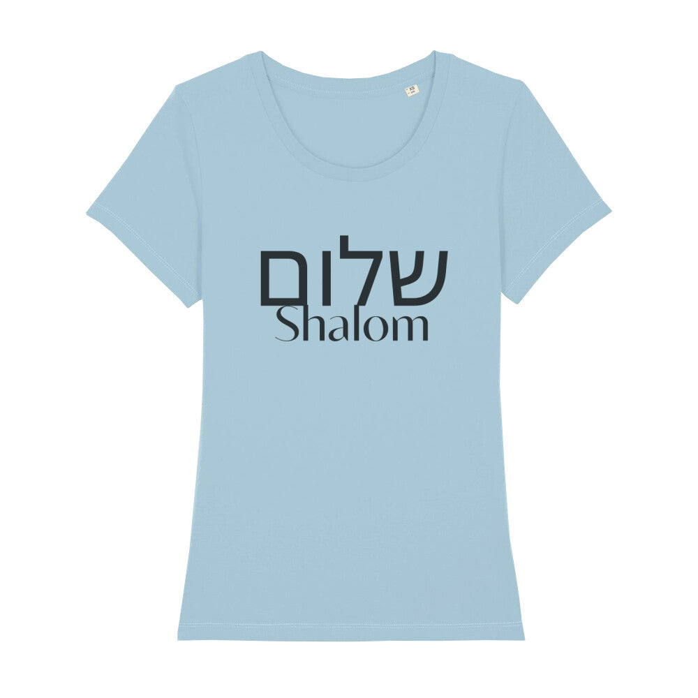 christliches T-Shirt mit einem Frauen-Schnitt in hellblau aus 100 % Bio-Baumwolle auf der Vorderseite mittig auf der Brust "Shalom" und darüber Shalom in hebräisch. Erhältlich in den Größen XS bis XXL