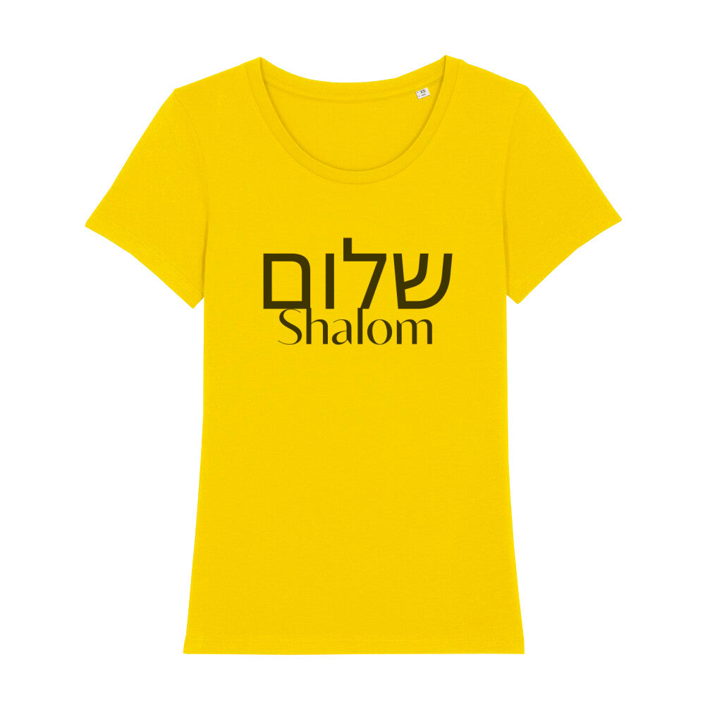 christliches T-Shirt mit einem Frauen-Schnitt in gelb aus 100 % Bio-Baumwolle auf der Vorderseite mittig auf der Brust "Shalom" und darüber Shalom in hebräisch. Erhältlich in den Größen XS bis XXL