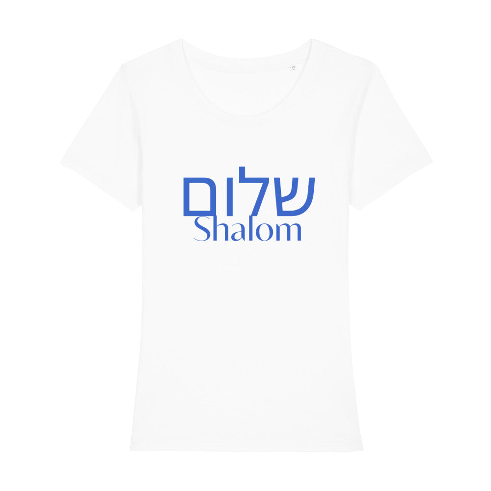 christliches T-Shirt mit einem Frauen-Schnitt in weiß aus 100 % Bio-Baumwolle auf der Vorderseite mittig auf der Brust "Shalom" und darüber Shalom in der hebräischen Sprache in Israelblau . Erhältlich in den Größen XS bis XXL