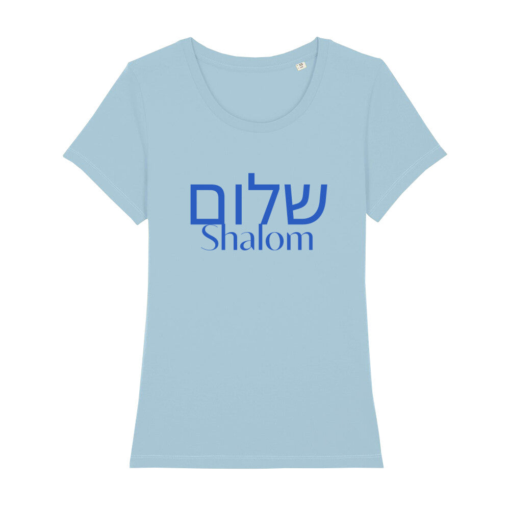 christliches T-Shirt mit einem Frauen-Schnitt in hellblau aus 100 % Bio-Baumwolle auf der Vorderseite mittig auf der Brust "Shalom" und darüber Shalom in der hebräischen Sprache in Israelblau . Erhältlich in den Größen XS bis XXL