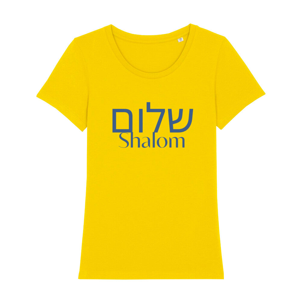 christliches T-Shirt mit einem Frauen-Schnitt in gelb aus 100 % Bio-Baumwolle auf der Vorderseite mittig auf der Brust "Shalom" und darüber Shalom in der hebräischen Sprache in Israelblau . Erhältlich in den Größen XS bis XXL