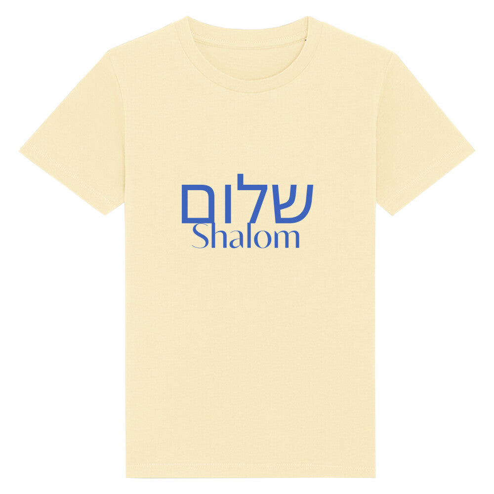 christliches T-Shirt für Kinder mit einem Unisex-Schnitt in hellgelb aus 100 % Bio-Baumwolle mittig auf der Brust "Shalom" und darüber Shalom mit hebräischen Buchstaben. Erhältlich in den Größen 98/104 bis 152/164