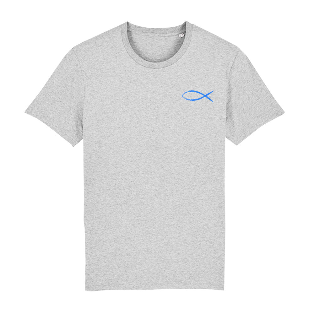 christliches T-Shirt mit einem Unisex-Schnitt in grau aus 100 % Bio-Baumwolle mit einem blauen Fisch rechts auf der Brust. Erhältlich in den Größen S bis XXL