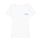 christliches T-Shirt mit einem Frauen-Schnitt in weiß aus 100 % Bio-Baumwolle mit einem blauen Fisch rechts auf der Brust. Erhältlich in den Größen XS bis XXL