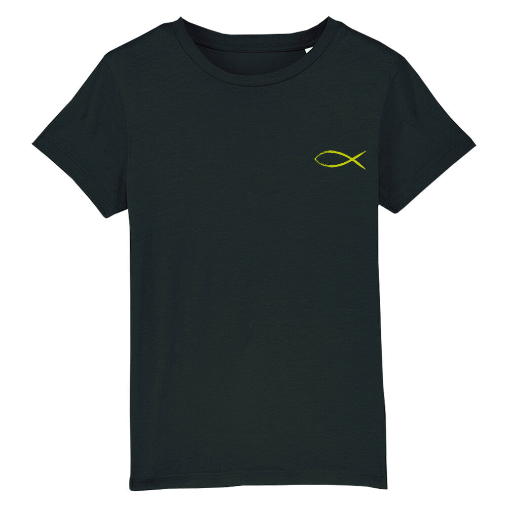 christliches T-Shirt für Kinder mit einem Unisex-Schnitt in schwarz aus 100 % Bio-Baumwolle mit einem gelben Fisch rechts auf der Brust. Erhältlich in den Größen 98/104 bis 152/164