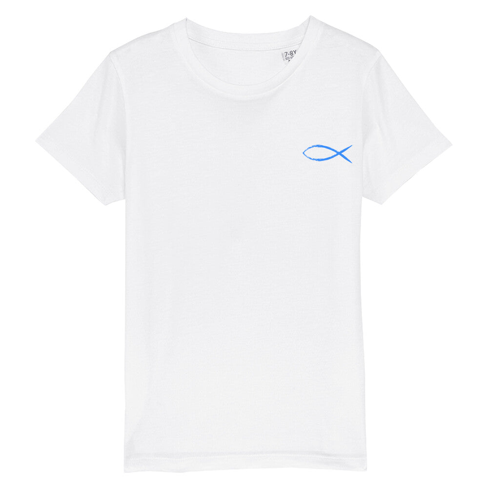 christliches T-Shirt für Kinder mit einem Unisex-Schnitt in weiß aus 100 % Bio-Baumwolle mit einem blauen Fisch rechts auf der Brust. Erhältlich in den Größen 98/104 bis 152/164