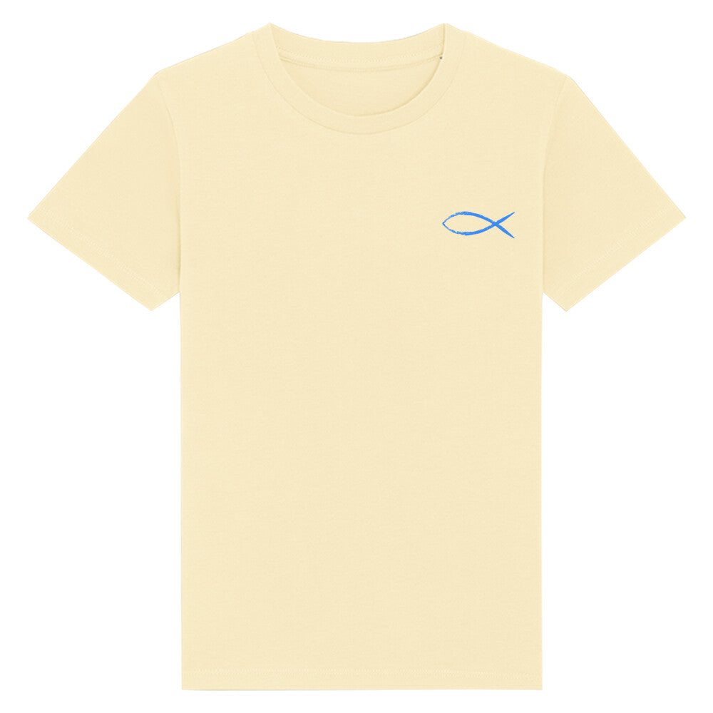 christliches T-Shirt für Kinder mit einem Unisex-Schnitt in hellgelb aus 100 % Bio-Baumwolle mit einem blauen Fisch rechts auf der Brust. Erhältlich in den Größen 98/104 bis 152/164