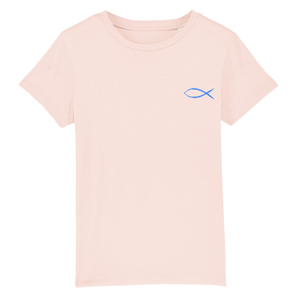 christliches T-Shirt für Kinder mit einem Unisex-Schnitt in pink aus 100 % Bio-Baumwolle mit einem blauen Fisch rechts auf der Brust. Erhältlich in den Größen 98/104 bis 152/164