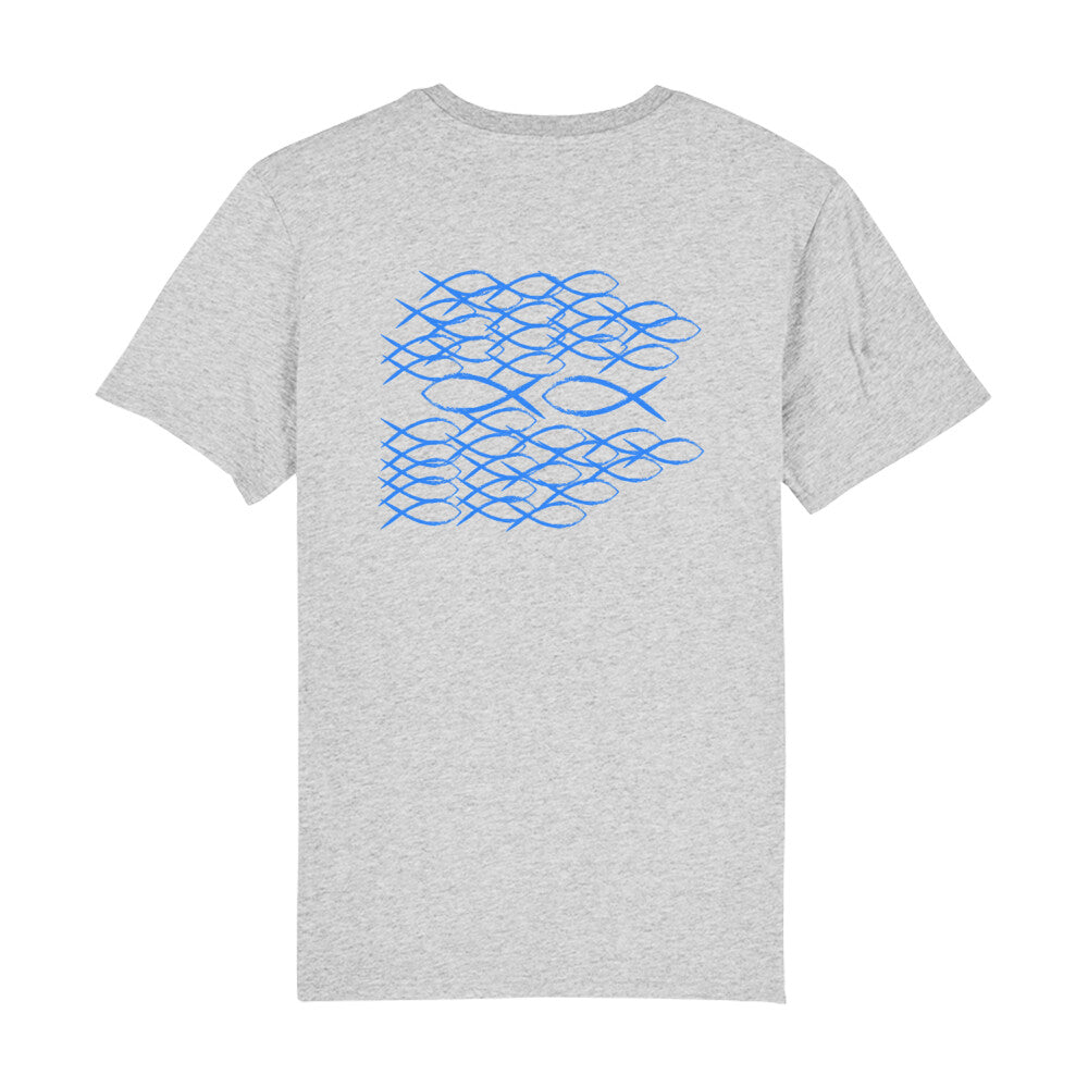 christliches T-Shirt mit einem Unisex-Schnitt in grau aus 100 % Bio-Baumwolle Rückseite blaue Fische die gegen den Strom schwimmen. Erhältlich in den Größen S bis XXL