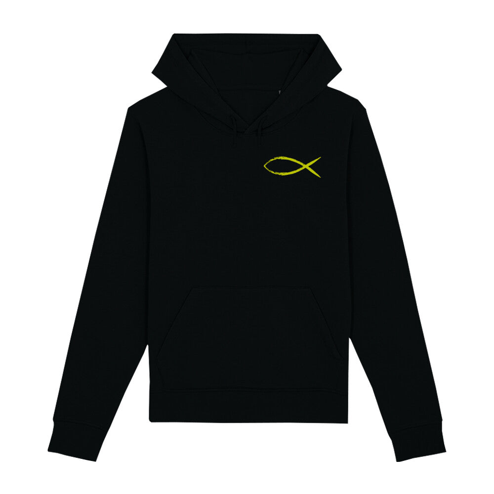 christlicher Hoodie mit einem Unisex-Schnitt in schwarz aus Bio-Baumwolle Vorderseite mit einem gelben Fisch rechts auf der Brust. Erhältlich in den Größen XS bis XXL