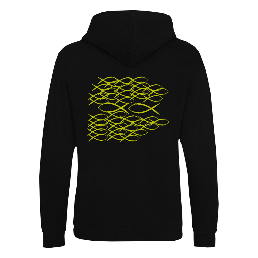 christlicher Hoodie mit einem Unisex-Schnitt in schwarz aus Bio-Baumwolle Rückseite gelbe Fische die gegen den Strom schwimmen. Erhältlich in den Größen XS bis XXL