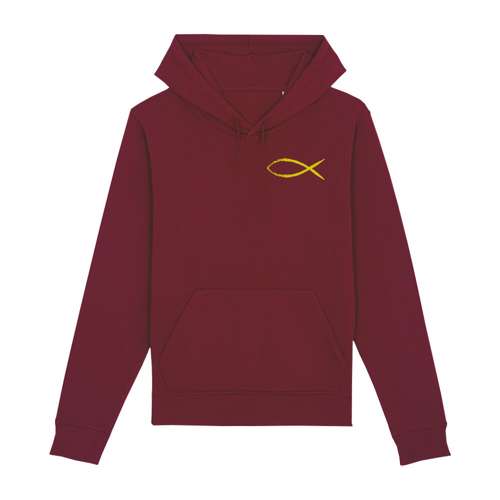 christlicher Hoodie mit einem Unisex-Schnitt in dunkelrot aus Bio-Baumwolle Vorderseite mit einem gelben Fisch rechts auf der Brust. Erhältlich in den Größen XS bis XXL