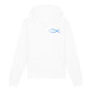 christlicher Hoodie mit einem Unisex-Schnitt in weiß aus Bio-Baumwolle Vorderseite mit einem blauen Fisch rechts auf der Brust. Erhältlich in den Größen XS bis XXL