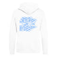 christlicher Hoodie mit einem Unisex-Schnitt in weiß aus Bio-Baumwolle Rückseite blaue Fische die gegen den Strom schwimmen. Erhältlich in den Größen XS bis XXL