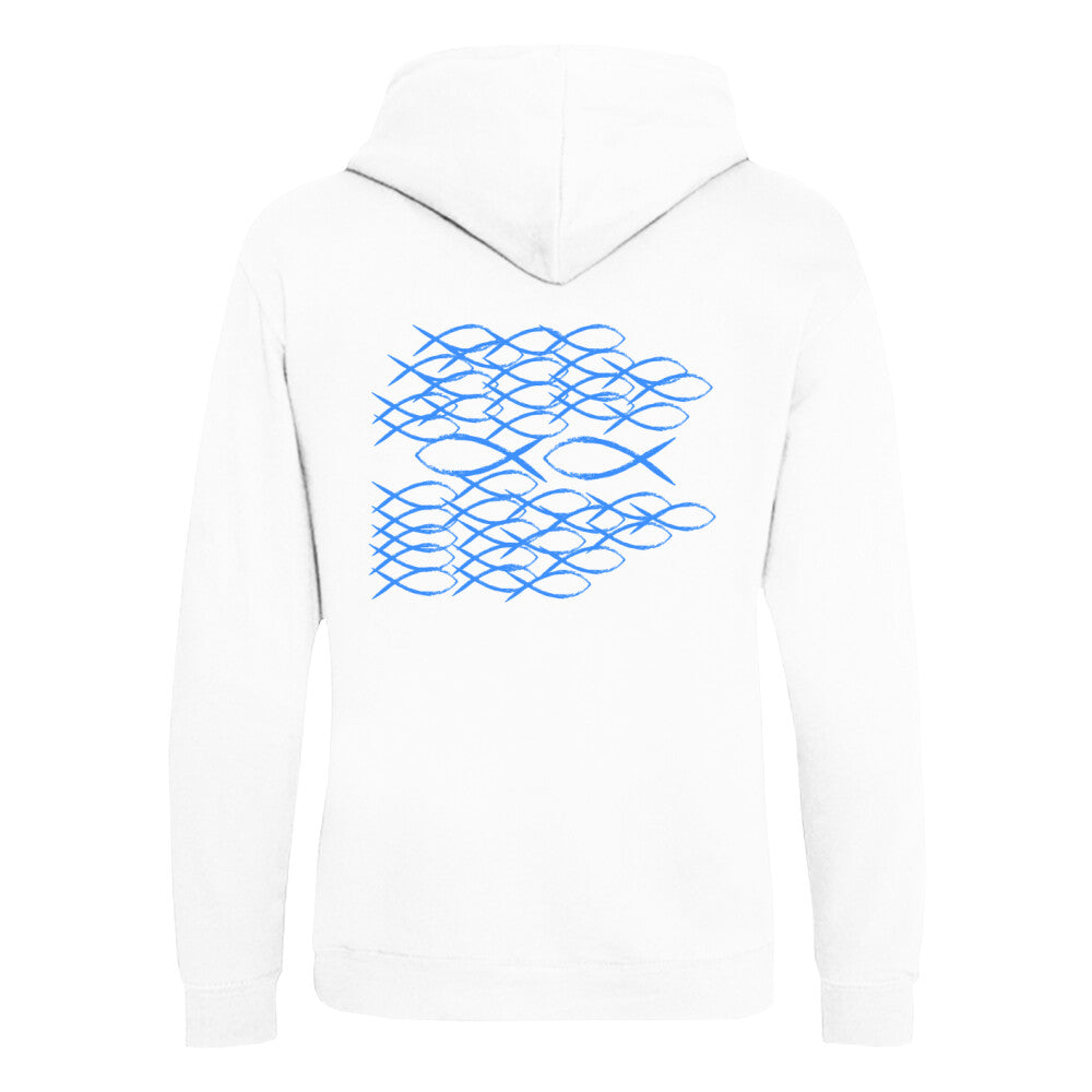 christlicher Hoodie mit einem Unisex-Schnitt in weiß aus Bio-Baumwolle Rückseite blaue Fische die gegen den Strom schwimmen. Erhältlich in den Größen XS bis XXL