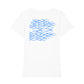 christliches T-Shirt mit einem Frauen-Schnitt in weiß aus 100 % Bio-Baumwolle Rückseite blaue Fische die gegen den Strom schwimmen. Erhältlich in den Größen XS bis XXL