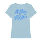 christliches T-Shirt mit einem Frauen-Schnitt in hellblau aus 100 % Bio-Baumwolle Rückseite blaue Fische die gegen den Strom schwimmen. Erhältlich in den Größen XS bis XXL
