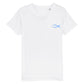 christliches T-Shirt für Kinder mit einem Unisex-Schnitt in weiß aus 100 % Bio-Baumwolle auf der Vorderseite mit einem blauen Fisch rechts auf der Brust. Erhältlich in den Größen 98/104 bis 152/164