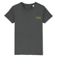 christliches T-Shirt für Kinder mit einem Unisex-Schnitt in anthrazit aus 100 % Bio-Baumwolle auf der Vorderseite mit einem gelben Fisch rechts auf der Brust. Erhältlich in den Größen 98/104 bis 152/164