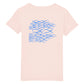 christliches T-Shirt für Kinder mit einem Unisex-Schnitt in pink aus 100 % Bio-Baumwolle auf der Rückseite blaue Fische die gegen den Strom schwimmen. Erhältlich in den Größen 98/104 bis 152/164