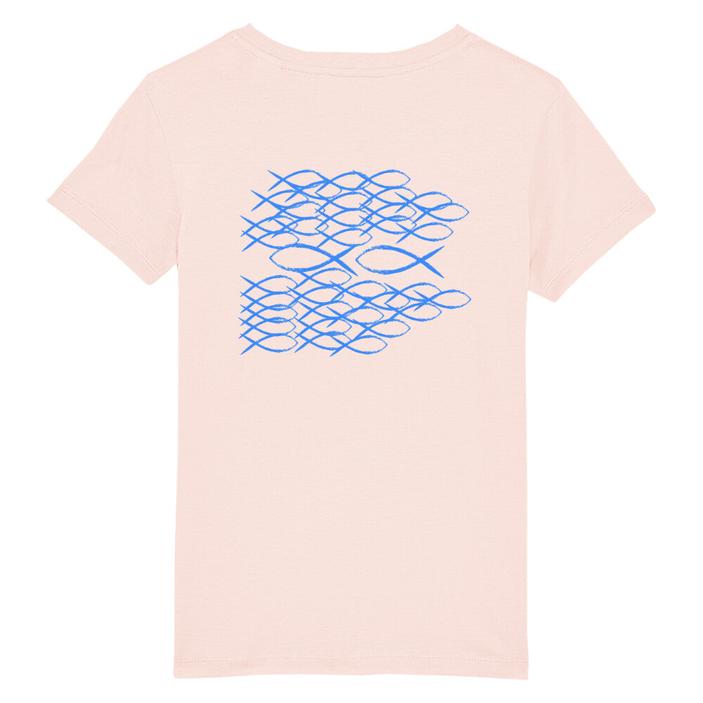 christliches T-Shirt für Kinder mit einem Unisex-Schnitt in pink aus 100 % Bio-Baumwolle auf der Rückseite blaue Fische die gegen den Strom schwimmen. Erhältlich in den Größen 98/104 bis 152/164