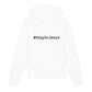 christlicher Hoodie mit einem Unisex-Schnitt in weiß aus Bio-Baumwolle mitten auf der Brust "# stay in Jesus". Erhältlich in den Größen XS bis XXL
