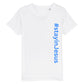 christliches T-Shirt für Kinder mit einem Unisex-Schnitt in weiß aus 100 % Bio-Baumwolle senkrecht auf der rechten Seite steht "#stay in Jesus". Erhältlich in den Größen 98/104 bis 152/164
