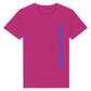 christliches T-Shirt für Kinder mit einem Unisex-Schnitt in lila aus 100 % Bio-Baumwolle senkrecht auf der rechten Seite steht "#stay in Jesus". Erhältlich in den Größen 98/104 bis 152/164
