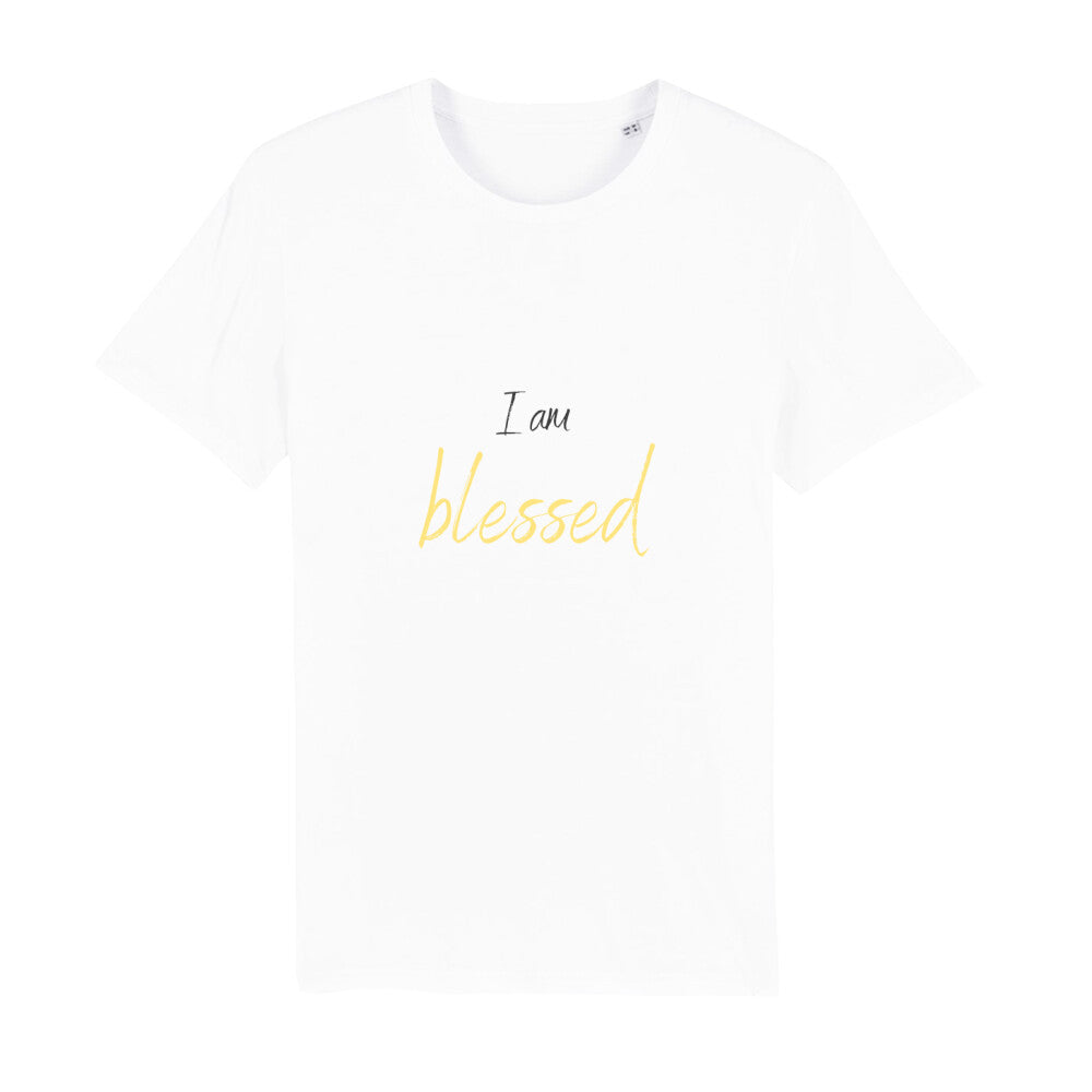 christliches T-Shirt mit einem Unisex-Schnitt in weiß aus 100 % Bio-Baumwolle "I am blessed"  aus unserer I am... Kollektion Erhältlich in den Größen S bis XXL