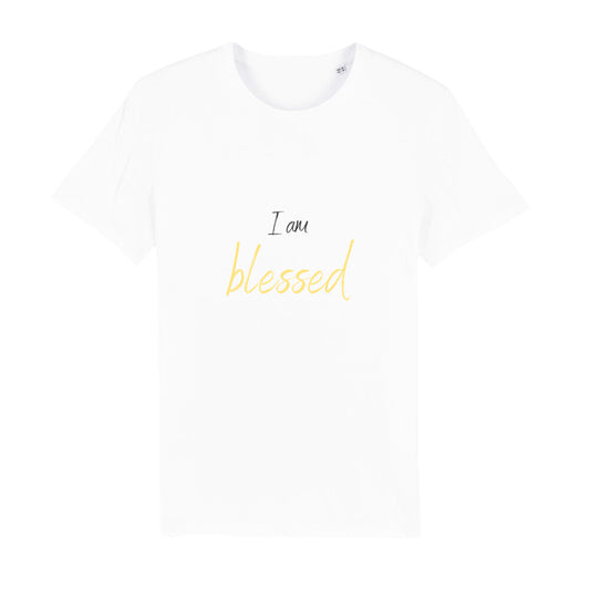 christliches T-Shirt mit einem Unisex-Schnitt in weiß aus 100 % Bio-Baumwolle "I am blessed"  aus unserer I am... Kollektion Erhältlich in den Größen S bis XXL