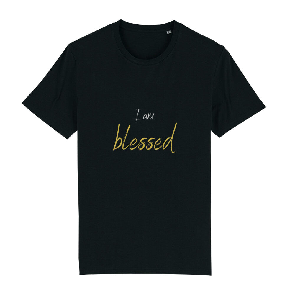 christliches T-Shirt mit einem Unisex-Schnitt in schwarz aus 100 % Bio-Baumwolle "I am blessed"  aus unserer I am... Kollektion Erhältlich in den Größen S bis XXL