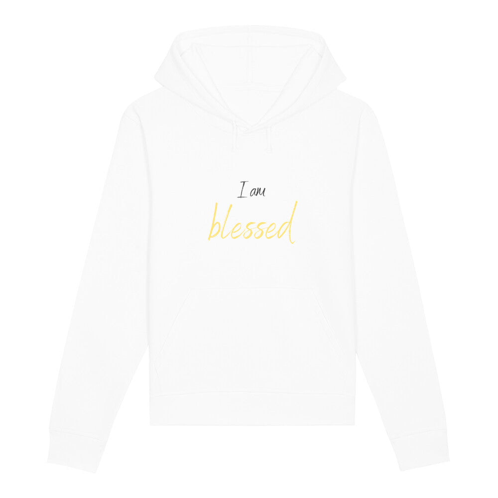 christlicher Hoodie mit einem Unisex-Schnitt in weiß aus Bio-Baumwolle mitten auf der Brust "I am blessed" aus unserer I am... Kollektion. Erhältlich in den Größen XS bis XXL