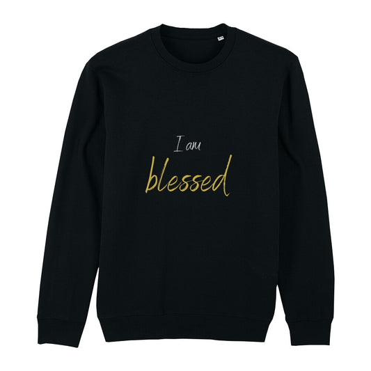 christliches Sweatshirt mit einem Unisex-Schnitt in schwarz aus Bio-Baumwolle mitten auf der Brust "I am blessed" aus unserer I am... Kollektion. Erhältlich in den Größen XS bis XXL