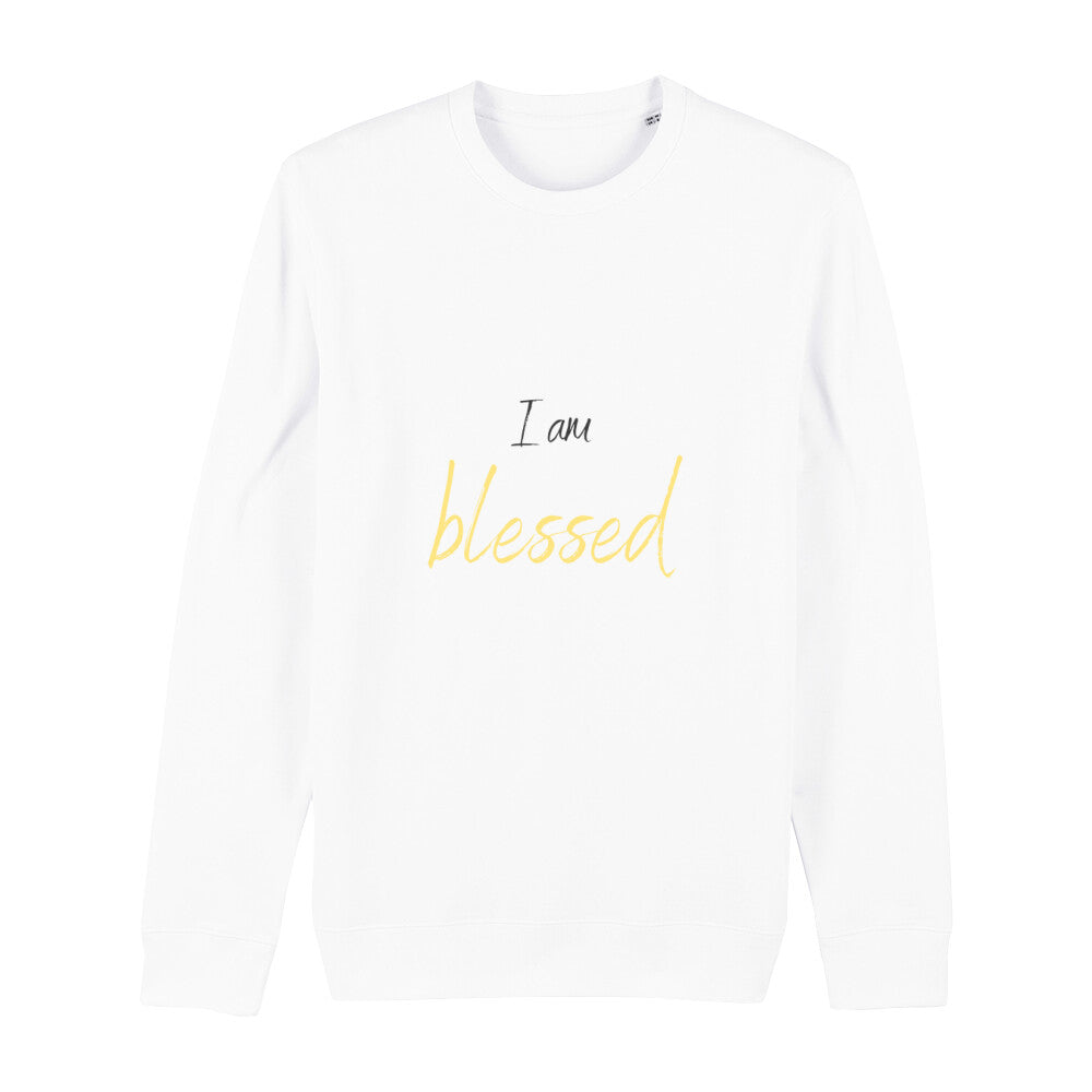  christliches Sweatshirt mit einem Unisex-Schnitt in weiß aus Bio-Baumwolle mitten auf der Brust "I am blessed" aus unserer I am... Kollektion. Erhältlich in den Größen XS bis XXL