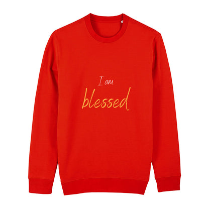  christliches Sweatshirt mit einem Unisex-Schnitt in feuerrot aus Bio-Baumwolle mitten auf der Brust "I am blessed" aus unserer I am... Kollektion. Erhältlich in den Größen XS bis XXL