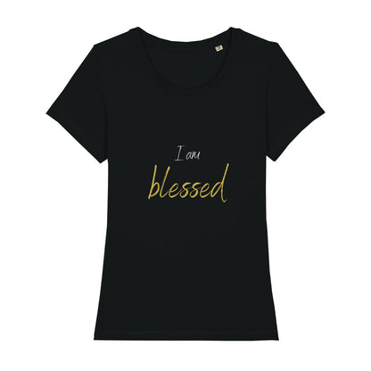 christliches T-Shirt mit einem Frauen-Schnitt in schwarz aus 100 % Bio-Baumwolle "I am blessed" aus unserer I am... Kollektion. Erhältlich in den Größen XS bis XXL