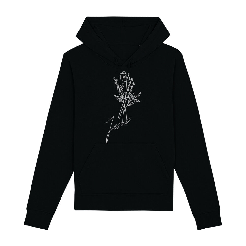 christlicher Hoodie mit einem Unisex-Schnitt in schwarz aus Bio-Baumwolle mit einem Blumenstrauß und dem Schriftzug Jesus mitten auf der Brust. Erhältlich in den Größen XS bis XXL