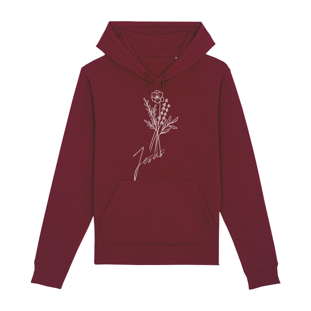 christlicher Hoodie mit einem Unisex-Schnitt in dunkelrot aus Bio-Baumwolle mit einem Blumenstrauß und dem Schriftzug Jesus mitten auf der Brust. Erhältlich in den Größen XS bis XXL