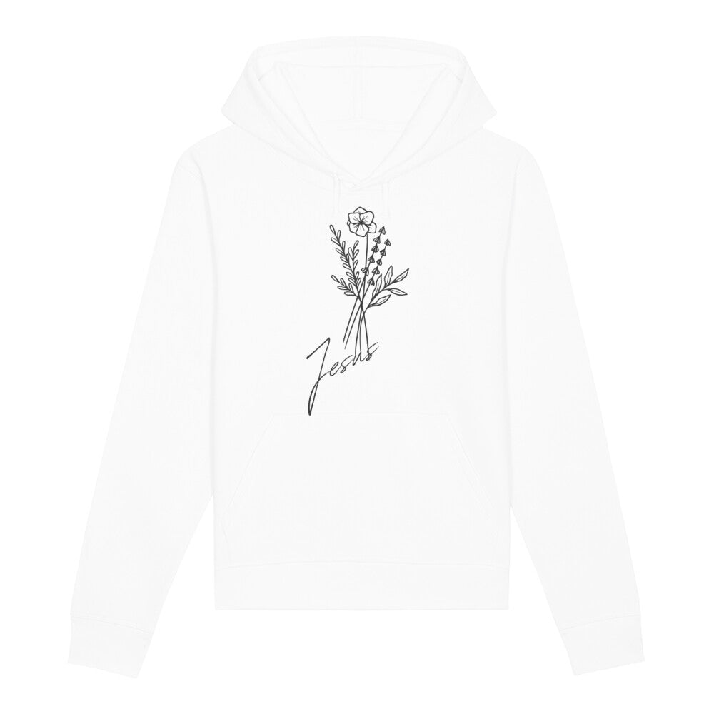 christlicher Hoodie mit einem Unisex-Schnitt in weiß aus Bio-Baumwolle mit einem Blumenstrauß und dem Schriftzug Jesus mitten auf der Brust. Erhältlich in den Größen XS bis XXL