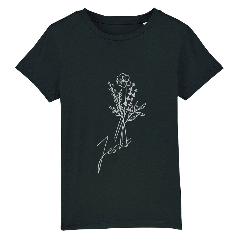 christliches T-Shirt für Kinder mit einem Frauen-Schnitt in schwarz aus 100 % Bio-Baumwolle mittig auf der Brust ein Blumenstrauß mit dem Namen Jesus. Erhältlich in den Größen 98/104 bis 152/164