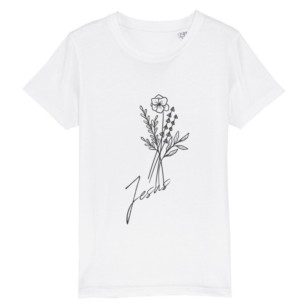 christliches T-Shirt für Kinder mit einem Frauen-Schnitt in weiß aus 100 % Bio-Baumwolle mittig auf der Brust ein Blumenstrauß mit dem Namen Jesus. Erhältlich in den Größen 98/104 bis 152/164