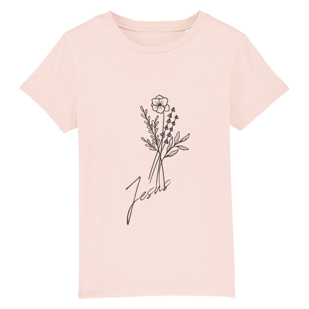 christliches T-Shirt für Kinder mit einem Frauen-Schnitt in pink aus 100 % Bio-Baumwolle mittig auf der Brust ein Blumenstrauß mit dem Namen Jesus. Erhältlich in den Größen 98/104 bis 152/164