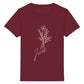 christliches T-Shirt für Kinder mit einem Frauen-Schnitt in dunkelrot aus 100 % Bio-Baumwolle mittig auf der Brust ein Blumenstrauß mit dem Namen Jesus. Erhältlich in den Größen 98/104 bis 152/164