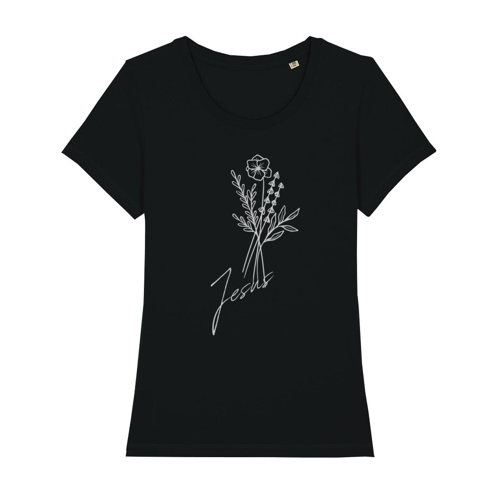 christliches T-Shirt mit einem Frauen-Schnitt in schwarz aus 100 % Bio-Baumwolle mittig auf der Brust ein Blumenstrauß mit dem Namen Jesus. Erhältlich in den Größen XS bis XXL