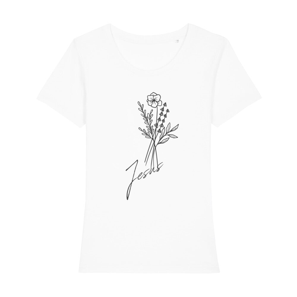 christliches T-Shirt mit einem Frauen-Schnitt in weiß aus 100 % Bio-Baumwolle mittig auf der Brust ein Blumenstrauß mit dem Namen Jesus. Erhältlich in den Größen XS bis XXL