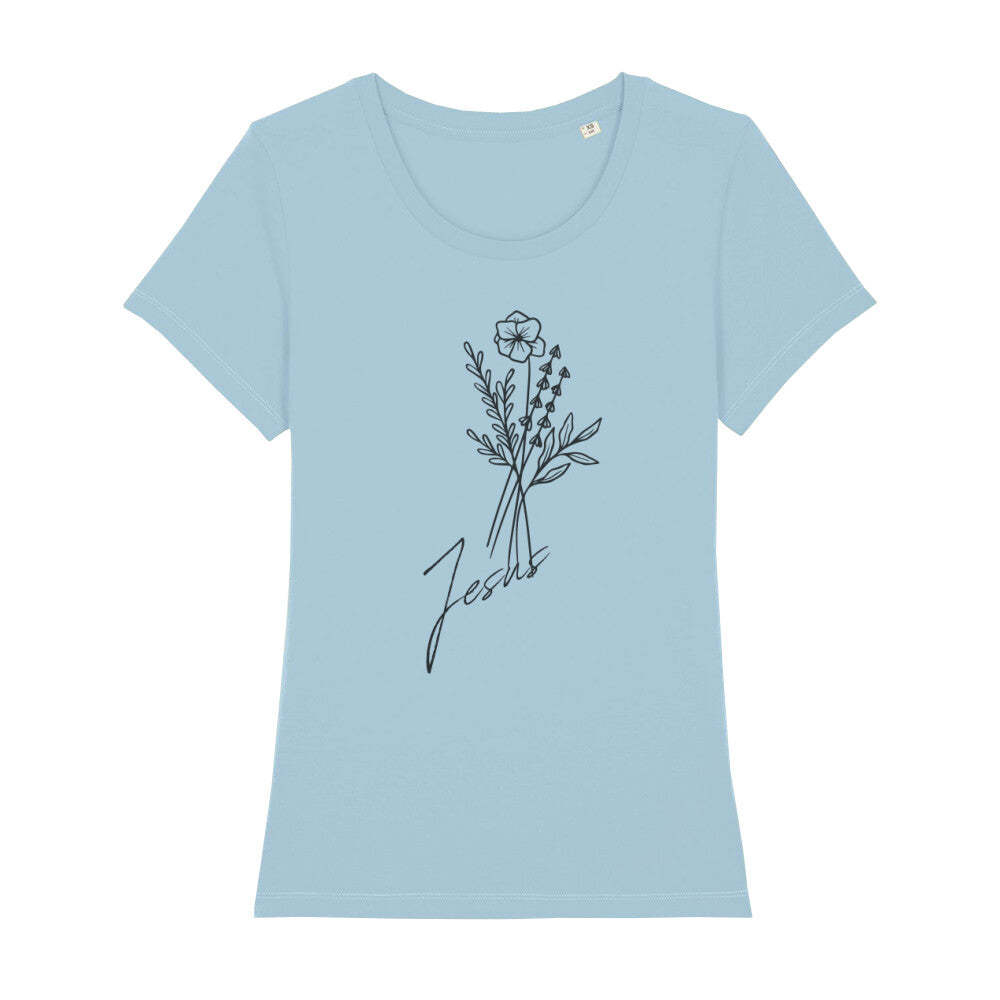 christliches T-Shirt mit einem Frauen-Schnitt in hellblau aus 100 % Bio-Baumwolle mittig auf der Brust ein Blumenstrauß mit dem Namen Jesus. Erhältlich in den Größen XS bis XXL